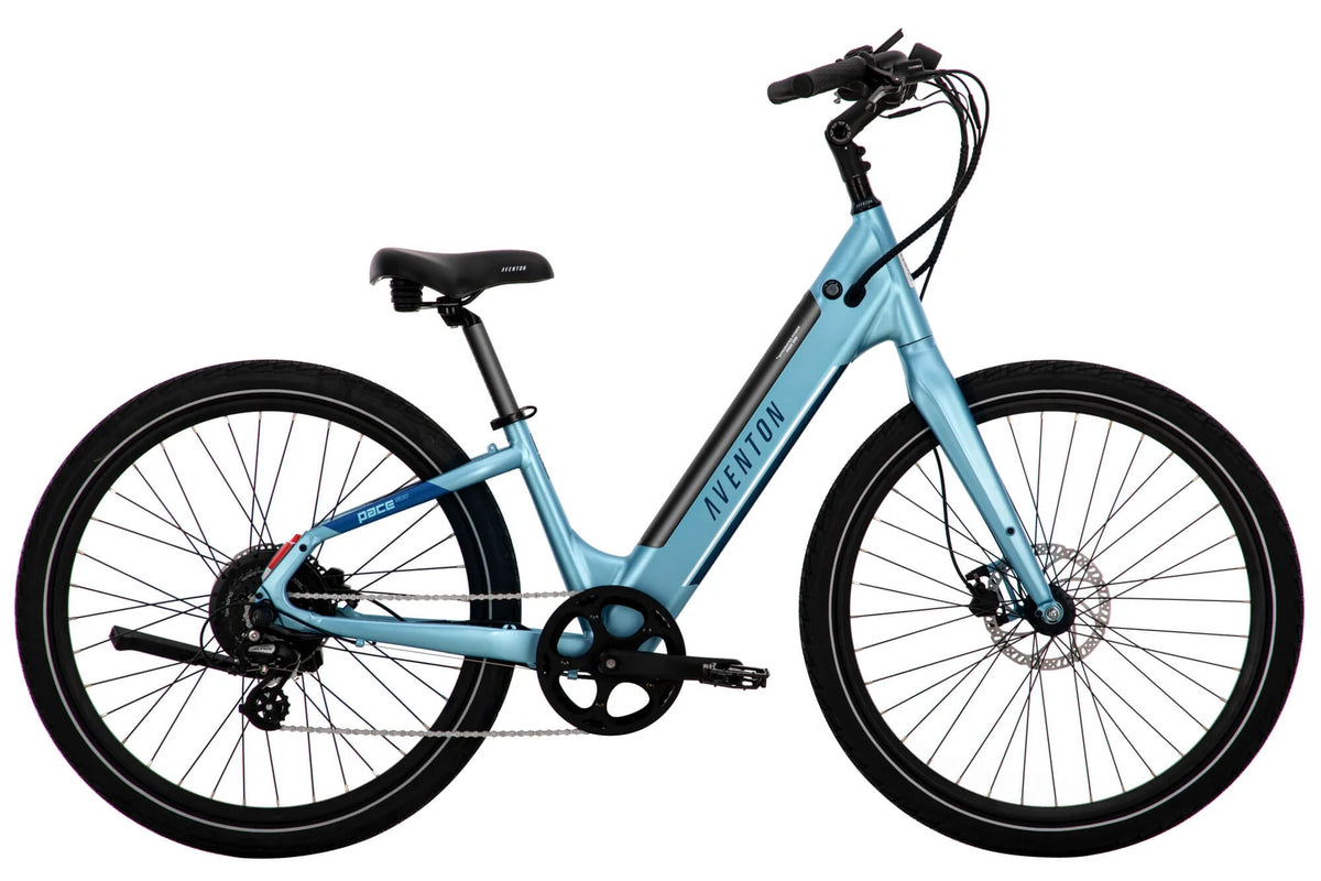 Blue Aventon Pace 500 Ebike with white background