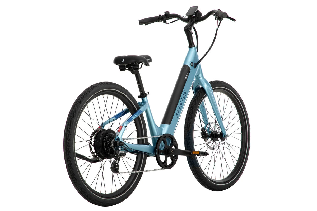 Blue Aventon Pace 500 Ebike with white background